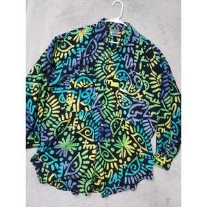 Club Med Shirt Mens 2XL Batik  Long Sleeve Abstract Colorful Island Hawaiian